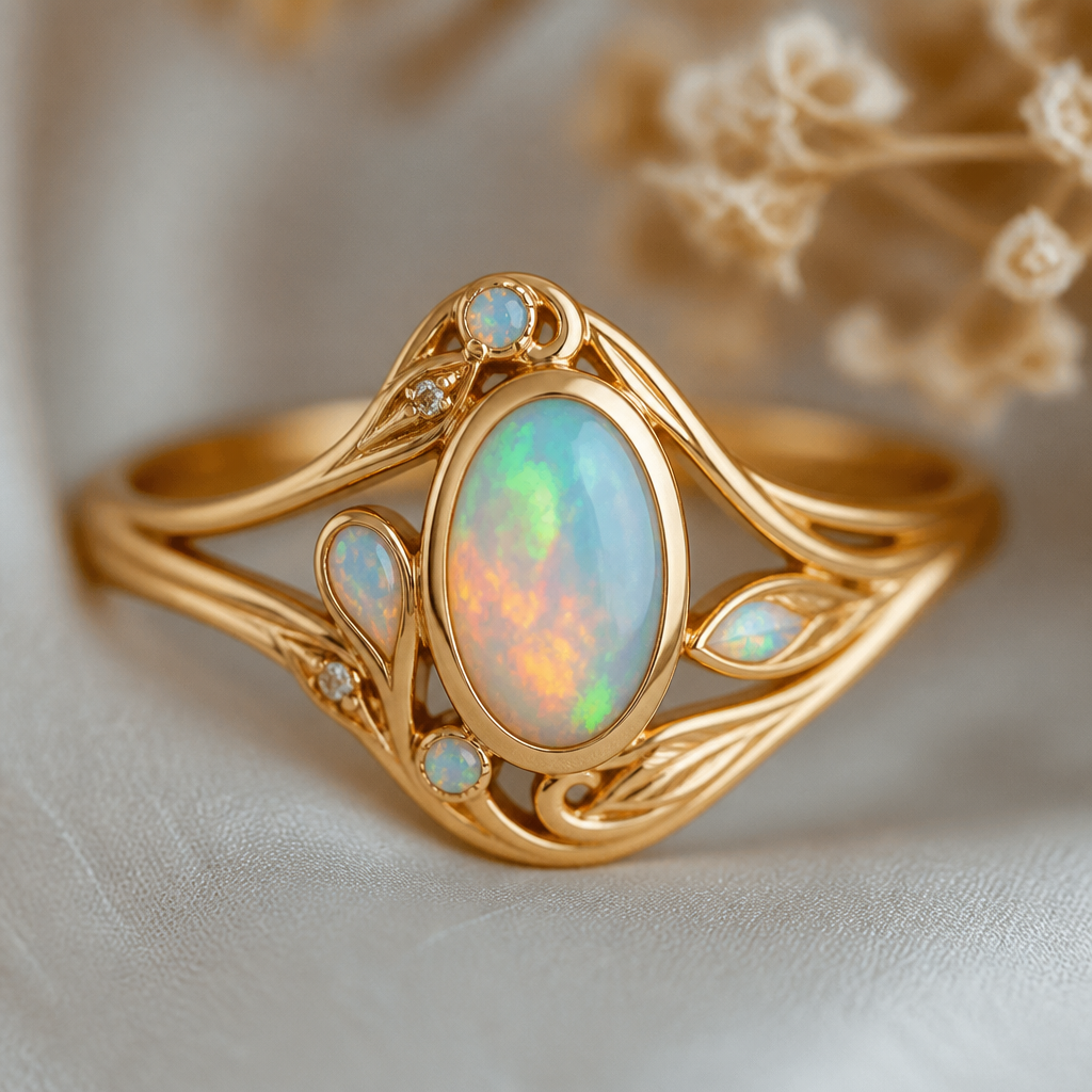 A art nouveau women's ring made of gold with opal stones suitable for engagement. mi joya debe ser altamente artística
photorealistic jewelry design, A art nouveau women's ring made of gold with opal stones suitable for engagement. mi joya debe ser altamente artística, art_nouveau style, just the design no text