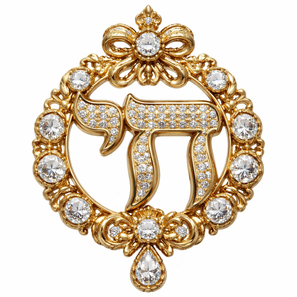 Gold Hebrew Chai pendant with pavé periods and white sapphire stones