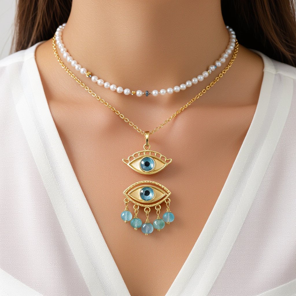 Тонкая цепочка с золотыми и серебряными шариками и мелкими жемчужными камушками на цепочке есть кулон в форме глаза, зрачок глаза из аквамарина от глаза идет маленькая подвеска с маленькими камушками аквамарина 