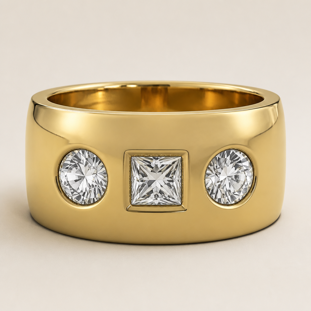 Two round and one princess cut diamonds in yellow gold cigar band
photorealistic jewelry design, Two round and one princess cut diamonds in yellow gold cigar band, classic style, just the design no text