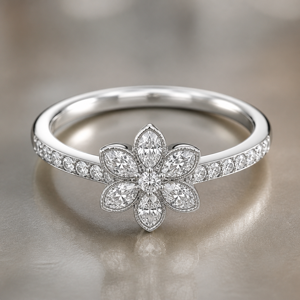 A luxury women's ring made of platinum with diamond stones suitable for daily wear. A platinum luxury style ring with a flower shaped diamond for daily wear
photorealistic jewelry design, A luxury women's ring made of platinum with diamond stones suitable for daily wear. A platinum luxury style ring with a flower shaped diamond for daily wear, luxury style, just the design no text