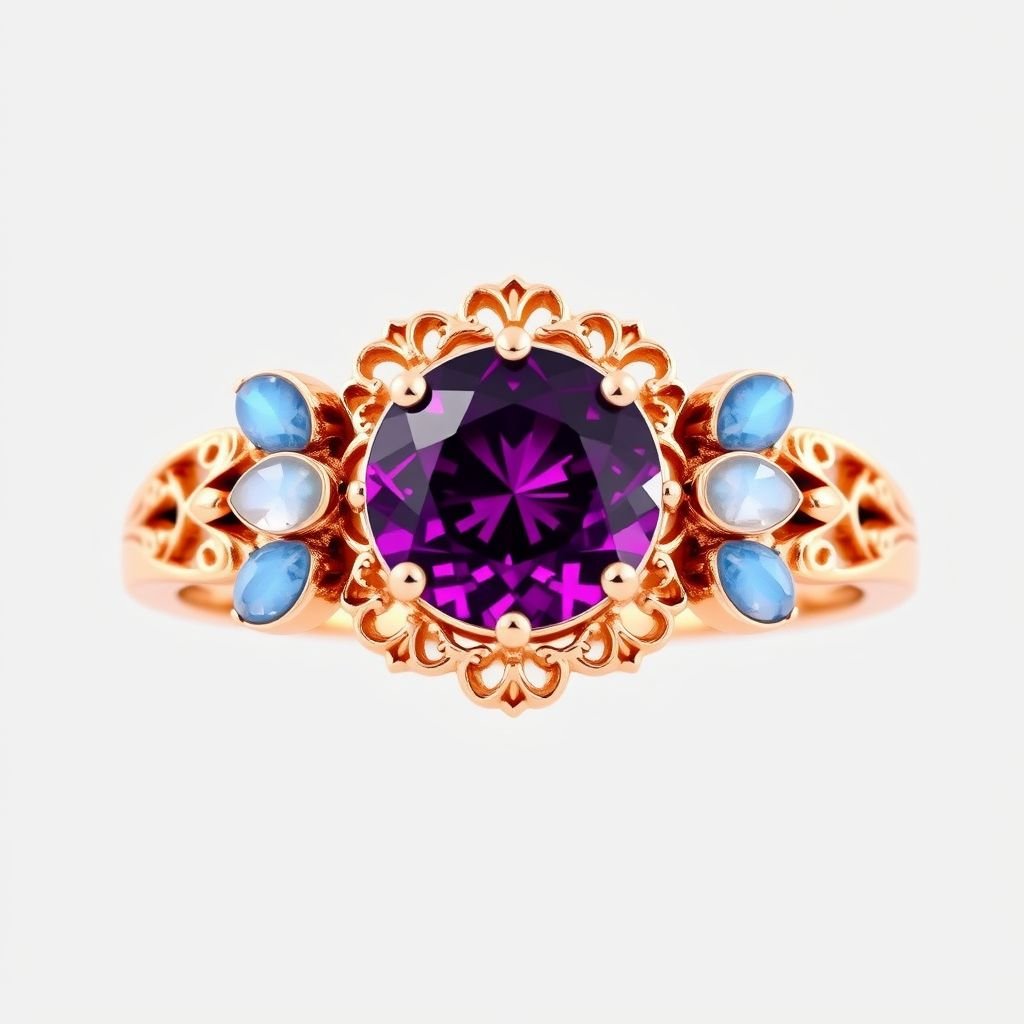 A simple rose gold engagement ring set with a circular alexandrite. Also set with a half moon blue chalcedony on one side, and a half moon moonstone set on the other side. On the inside of the band, it has an inscription reading, “Tuum. Et in hac vita et in altera.”