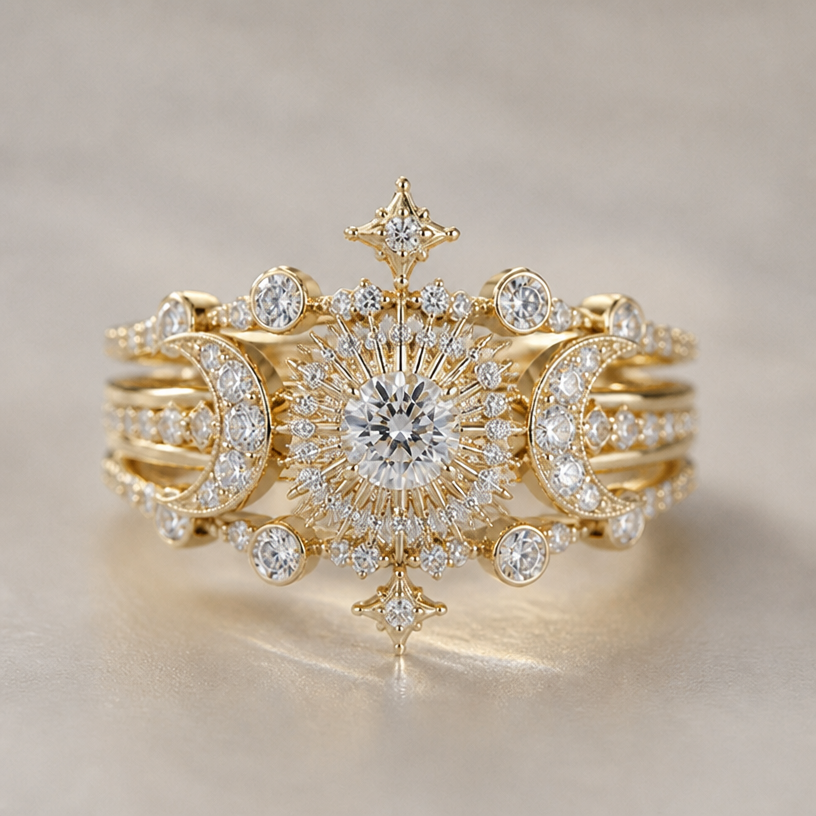 Put more diamonds around the sun
edit the attached jewelry design with these instructions: Put more diamonds around the sun. keep it photorealistic, just the design no text