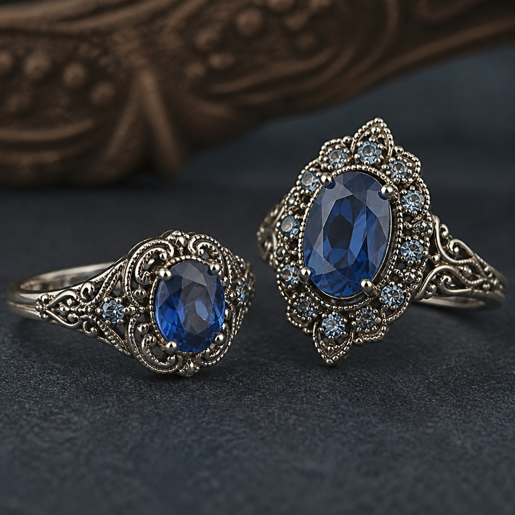 create a vintage rins with blue gems
photorealistic jewelry design, create a vintage rins with blue gems
, vintage style, just the design no text