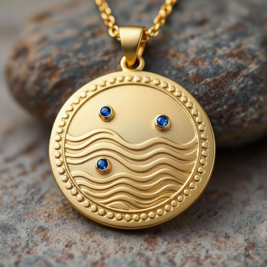 Золотой матовый медальон в форме неровного круга с неровными краями. По краям выпуклые точки сплошной линией. На круге разные волнистые узоры словно волны. Три миниатюрных голубых камушка хаотично расположены в круге