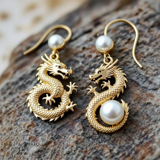 Золотые матовые серьги с изображением дракона узоры и жемчуг 