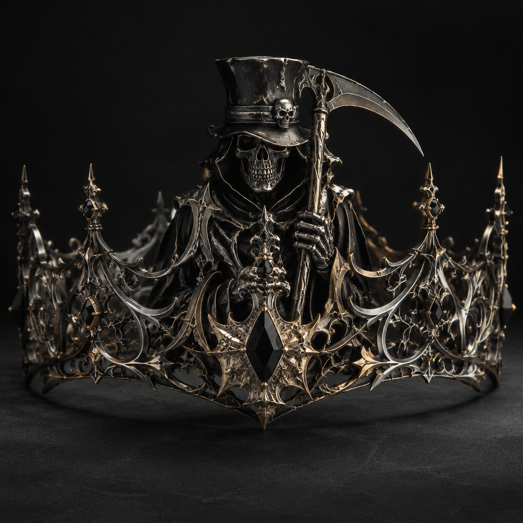 A gothic men's tiara made of mixed metal suitable for formal. a reaper with a mix of the madhatter style
photorealistic jewelry design, A gothic men's tiara made of mixed metal suitable for formal. a reaper with a mix of the madhatter style, gothic style, just the design no text