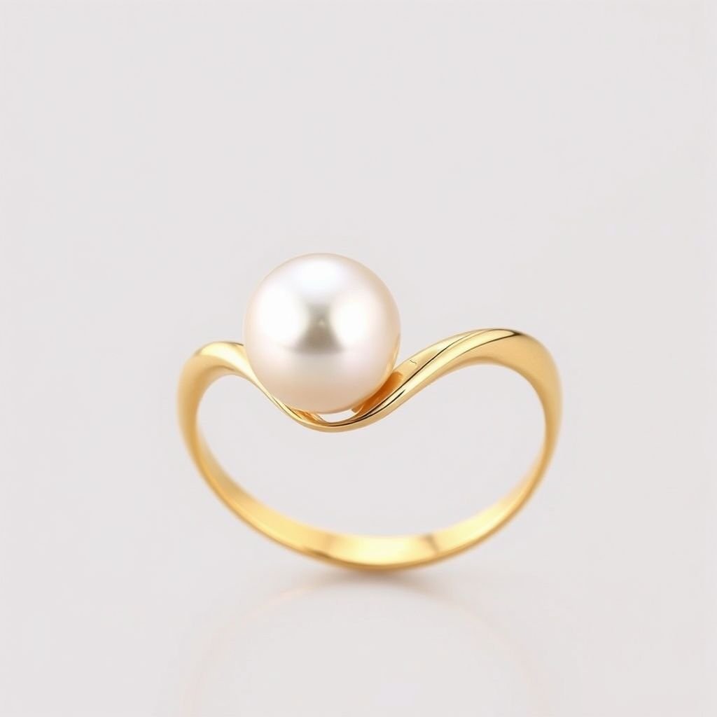 A golden ring with a pearl in the middle, the ring curving into an elegant wave type circle around the pearl. I want it to have a very elegant, simple, and beautiful design. I want the ring symmetrical and the pearl to be a medium size.