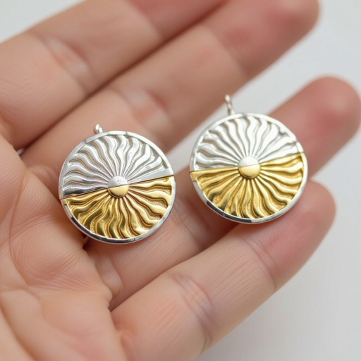 Золотые серьги полукруг половинка горящего солнца мятое неровное золото лучи волнистые другая половинка круга серебряная 