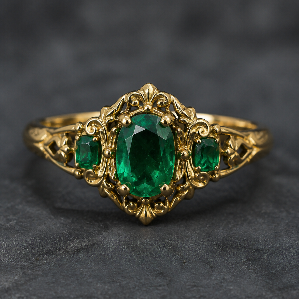 A vintage women's ring made of gold with emerald stones
photorealistic jewelry design, A vintage women's ring made of gold with emerald stones, vintage style, just the design no text