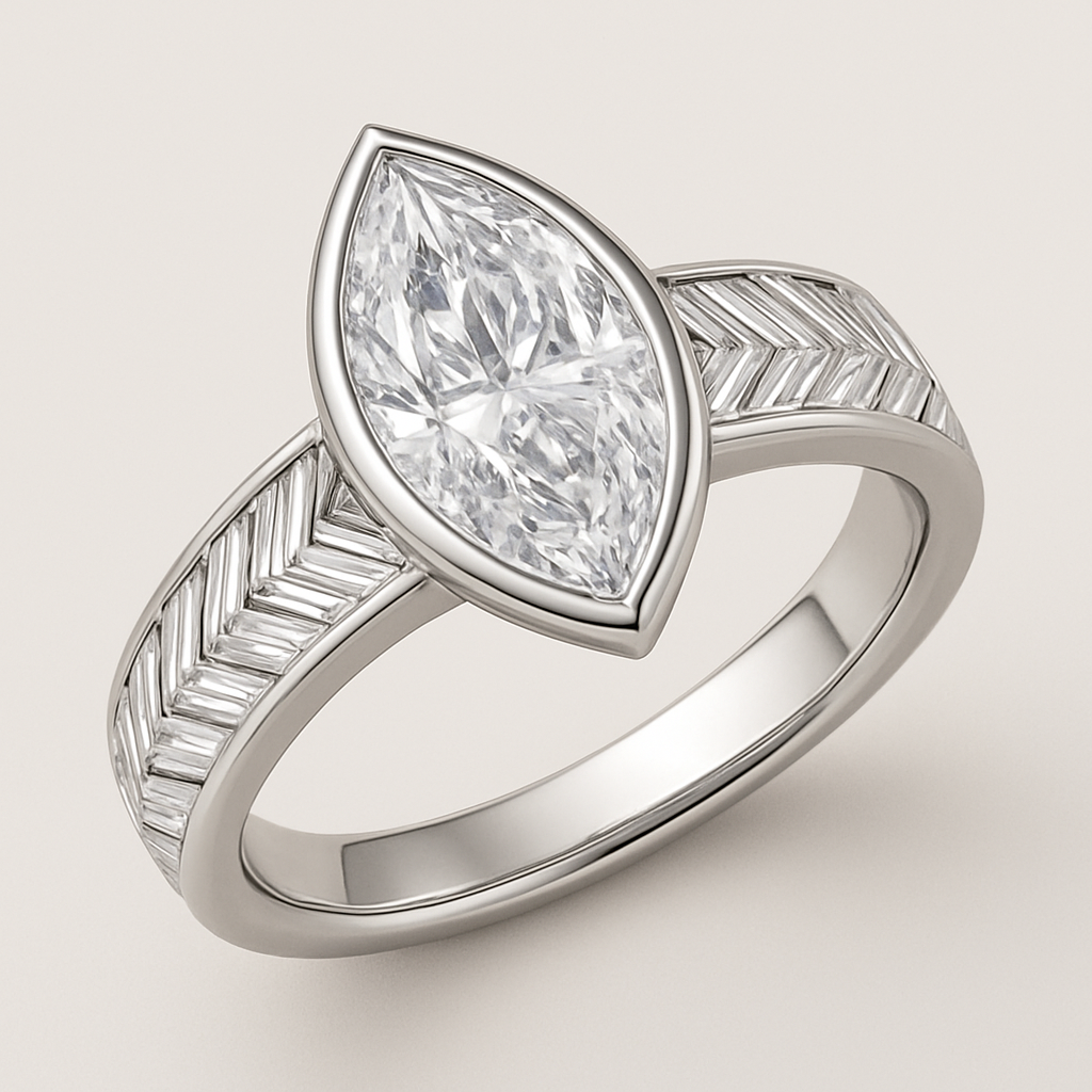 Bezel set 6 carat marquise diamond center stone with baguette diamonds in a herringbone pattern in the band