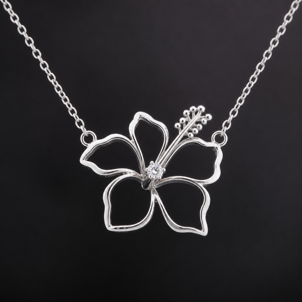 A women's necklace made of silver. hibicus vu de coté ligne fine et delicat ,diamand dans le milieu, interieur de la fleur vide, plus detail, 5 petales chaine de chaque coté, exotique
photorealistic jewelry design, A women's necklace made of silver. hibicus vu de coté ligne fine et delicat ,diamand dans le milieu, interieur de la fleur vide, plus detail, 5 petales chaine de chaque coté, exotique, modern style, just the design no text