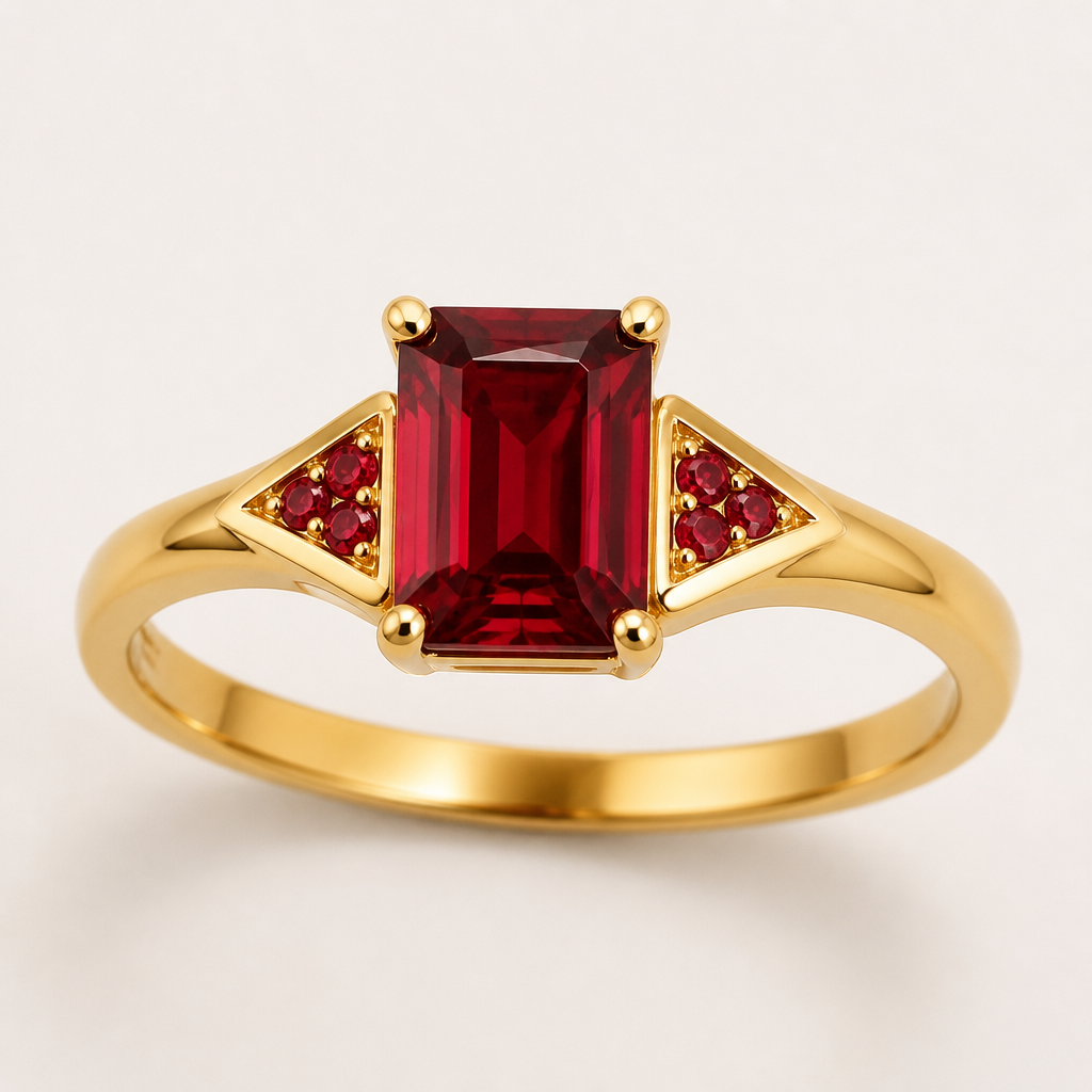 A women's ring made of gold with ruby stones suitable for engagement. un anello in oro con una pietra di granato rosso rettangolare