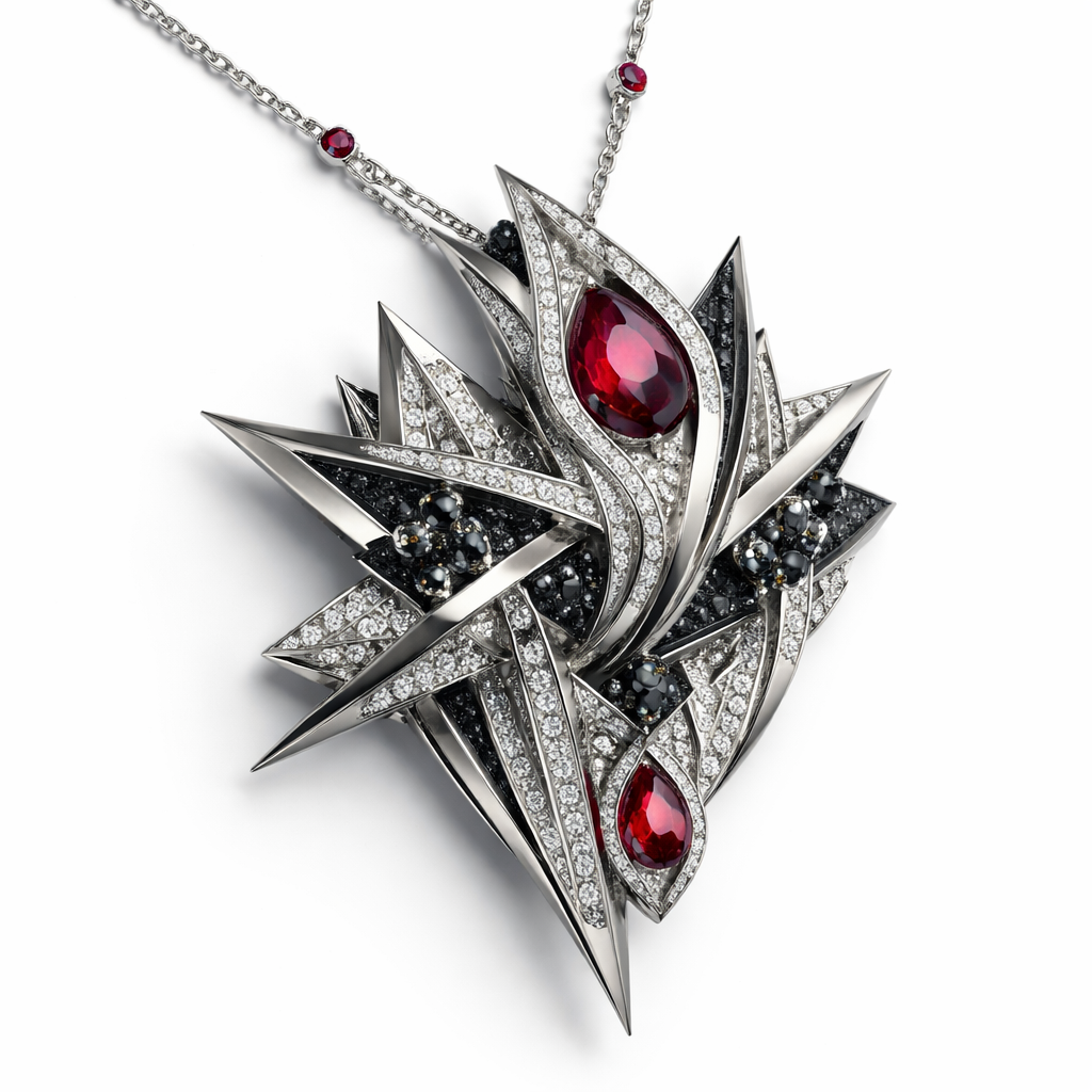Modern pendant Geomatric shape and architecture shape and voulme of edgy style with diamonds and black diamonds and rubybof white background with chain with small ruby stone