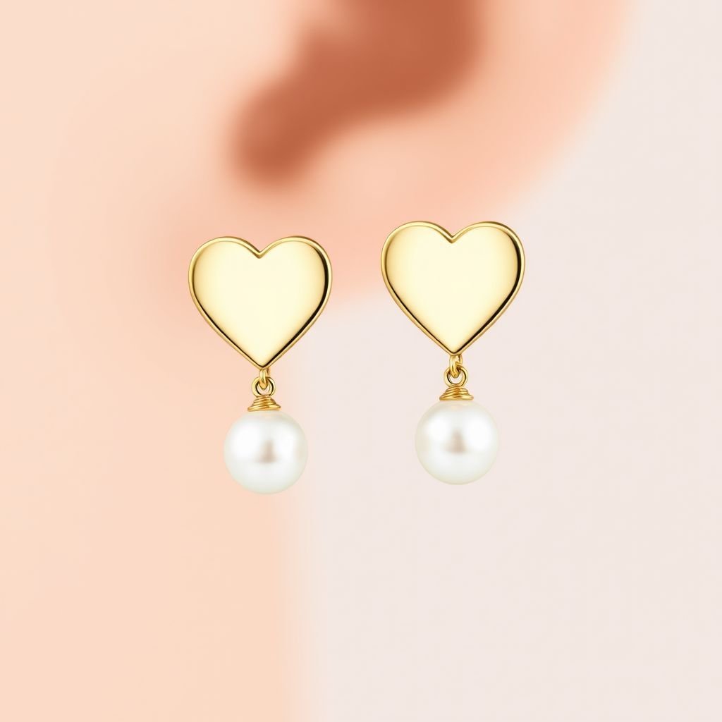 Stud heart earrings made out of gold, full without any design in the hearts, with a natural white small pearl on the bottom part
Design a pair of contemporary stud heart earrings, crafted from sleek, polished gold. Emphasize minimalist elegance with smooth, unadorned heart shapes, embodying modern simplicity. At the base of each heart, dangle a single, lustrous natural white pearl, adding a touch of organic beauty and sophistication to the overall design.