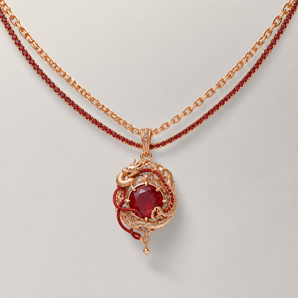 A minimalist women's necklace made of rose gold with ruby and garnet stones suitable for wedding, highly ornate, intricate and elaborate, richly detailed. uma colar de ouro,cordao baiano junto desse cordao "uma linha"de pedras vermelhas, e um pingente de pedra inspirado em a lenda do fio vermelho ,akai Ito porém esse linha vermelha tem que ser envolta do cordao com detalhes asiático
photorealistic jewelry design, A minimalist women's necklace made of rose gold with ruby and garnet stones suitable for wedding, highly ornate, intricate and elaborate, richly detailed. uma colar de ouro,cordao baiano junto desse cordao "uma linha"de pedras vermelhas, e um pingente de pedra inspirado em a lenda do fio vermelho ,akai Ito porém esse linha vermelha tem que ser envolta do cordao com detalhes asiático, minimalist style, just the design no text