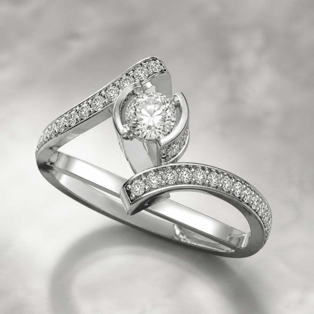 A women's ring made of white gold with diamond stones
photorealistic jewelry design, A women's ring made of white gold with diamond stones, modern style, just the design no text
