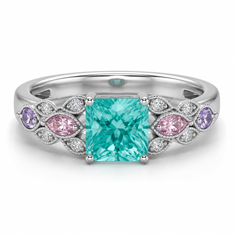 A minimalist women's ring made of white gold suitable for wedding, detailed and decorative, moderately ornate. different colour gemstones with radiant cut (10x10mm) paraiba in middle. need to be men ring so slightly thicker widths
using the attached image as a visual reference, create A minimalist women's ring made of white gold suitable for wedding, detailed and decorative, moderately ornate. different colour gemstones with radiant cut (10x10mm) paraiba in middle. need to be men ring so slightly thicker widths. photorealistic, just the design no text