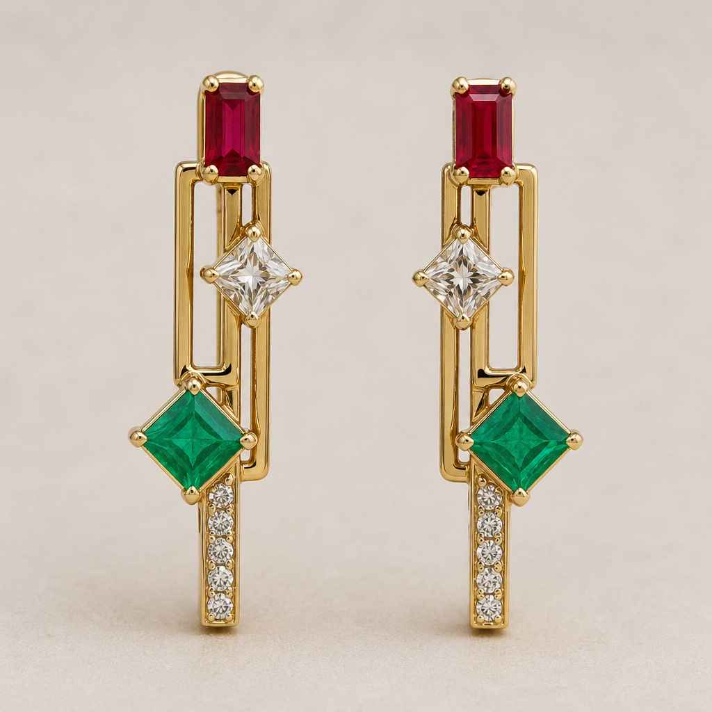 A geometric women's earrings made of gold with diamond and emerald and ruby stones suitable for daily wear. three choosen gemstone in each earring together
photorealistic jewelry design, A geometric women's earrings made of gold with diamond and emerald and ruby stones suitable for daily wear. three choosen gemstone in each earring together, geometric style, just the design no text
