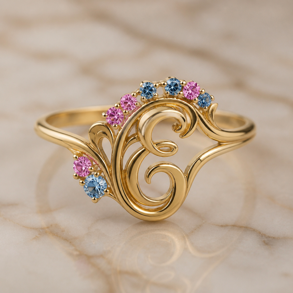 A art nouveau women's ring made of gold, minimalist, simple and delicate, clean lines. um anel de 15 anos com inicial E com pedrinhas azul e pedrinhas rosa em volta
photorealistic jewelry design, A art nouveau women's ring made of gold, minimalist, simple and delicate, clean lines. um anel de 15 anos com inicial E com pedrinhas azul e pedrinhas rosa em volta, art_nouveau style, just the design no text