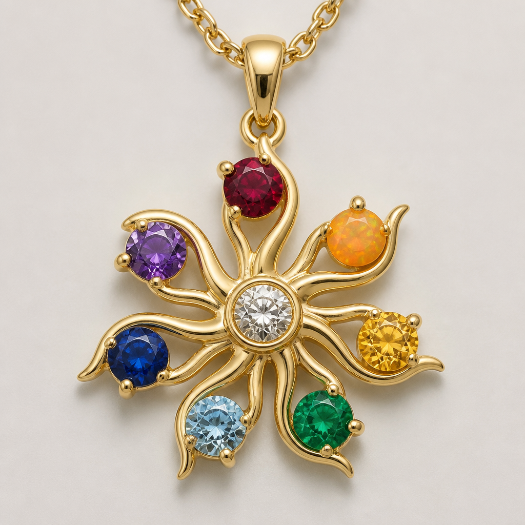 A pendant women's necklace made of gold with ruby and opal and topaz and emerald and aquamarine and sapphire and amethyst and diamond stones suitable for gift. Pendentif en or en forme de soleil à sept branches ( dans le sens des aiguilles d'une montre) première branche un rubis, deuxième branche opale orange, troisième branche une topaze jaune, quatrième branche une émeraude, cinquième branche une aigue marine, sixième branche un saphir, septième une améthyste. Les pierres font 5mm de diamètre) et un diamant au milieu du pendentif.
photorealistic jewelry design, A pendant women's necklace made of gold with ruby and opal and topaz and emerald and aquamarine and sapphire and amethyst and diamond stones suitable for gift. Pendentif en or en forme de soleil à sept branches ( dans le sens des aiguilles d'une montre) première branche un rubis, deuxième branche opale orange, troisième branche une topaze jaune, quatrième branche une émeraude, cinquième branche une aigue marine, sixième branche un saphir, septième une améthyste. Les pierres font 5mm de diamètre) et un diamant au milieu du pendentif., pendant style, just the design no text