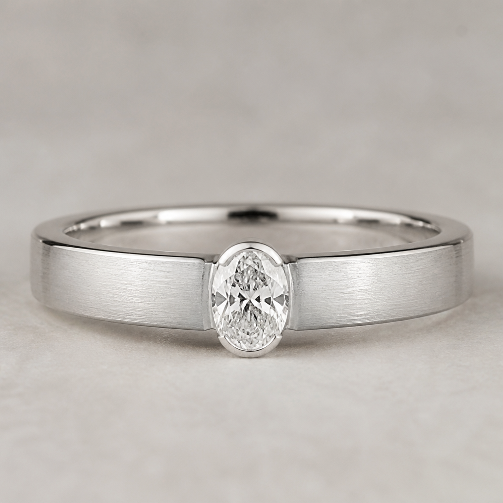 A minimalist men's ring with diamond stones suitable for wedding, ultra-minimalist, very simple and clean, understated, no embellishments. A 0.70-carat oval diamond is used as the center stone.
photorealistic jewelry design, A minimalist men's ring with diamond stones suitable for wedding, ultra-minimalist, very simple and clean, understated, no embellishments. A 0.70-carat oval diamond is used as the center stone., minimalist style, just the design no text