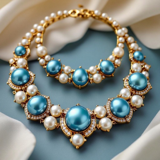 Sea inspired jewelry set, with different blue shades pearls and small shells and golden details