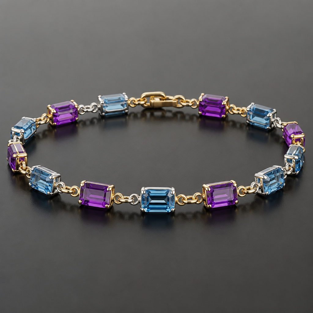 Design a bracelet with alternating emerald cut amethysts set in gold and emerald cut London topaz set in silver, each stone about 10mm x 7mm, with chain links in-between in order to run the set stones full circumference around the bracelet.
photorealistic jewelry design, Design a bracelet with alternating emerald cut amethysts set in gold and emerald cut London topaz set in silver, each stone about 10mm x 7mm, with chain links in-between in order to run the set stones full circumference around the bracelet., just the design no text