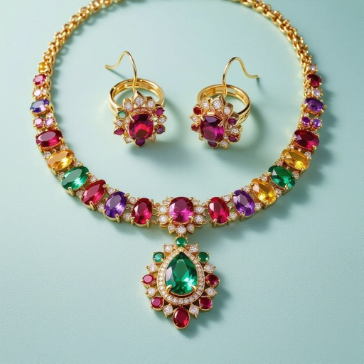 Necklace and ring and earring with luxury colorful jewel with gold