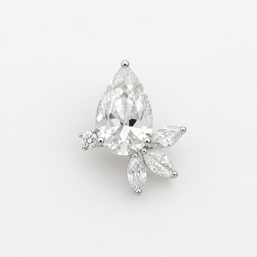 '''''pear shape center with tiny 3 marquis on slightly lower right side and one very small round on left side
photorealistic jewelry design, '''''pear shape center with tiny 3 marquis on slightly lower right side and one very small round on left side , just the design no text