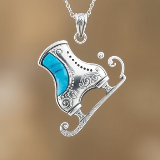 Silver Pendant shape one ice skate with turquoise stripe inside the low thin part blade