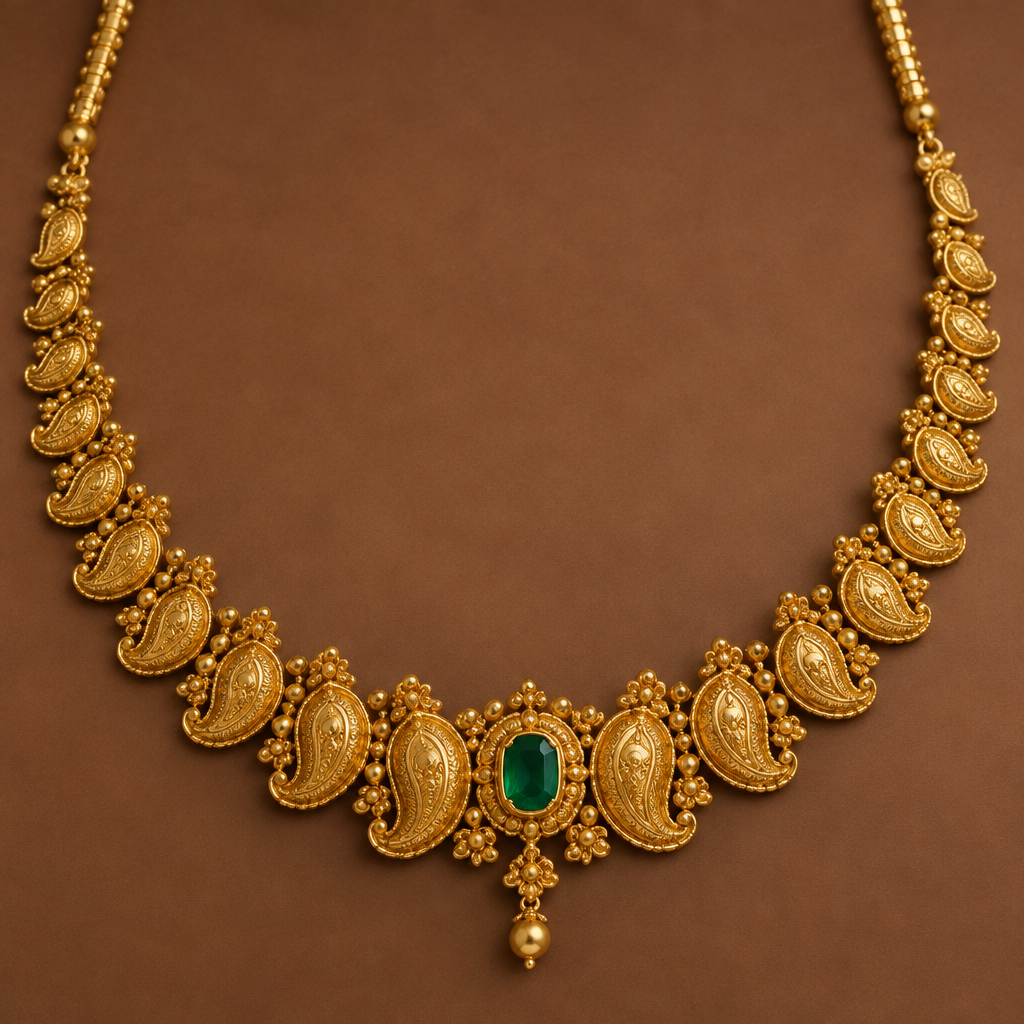 Mango design necklace short necklace small mangoes from the start and it gets bigger as it comes down and smaller as it goes up . Centre of the necklace emeral stone
photorealistic jewelry design, Mango design necklace short necklace small mangoes from the start and it gets bigger as it comes down and smaller as it goes up . Centre of the necklace emeral stone , ethnic style, just the design no text