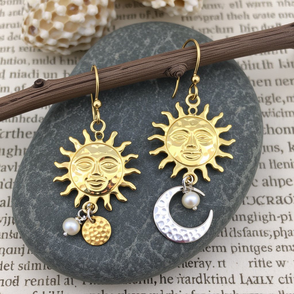 Золотые серьги словно мятое золото в форме солнца с волнистыми лучами, в центре солнца круглая дыра. крепится к застежке серьги. К нижней части солнца крепятся подвески: миниатюрная серебристая луна, очень маленький жемчуг и маленький золотой кружочек с мятым эффектом плоский