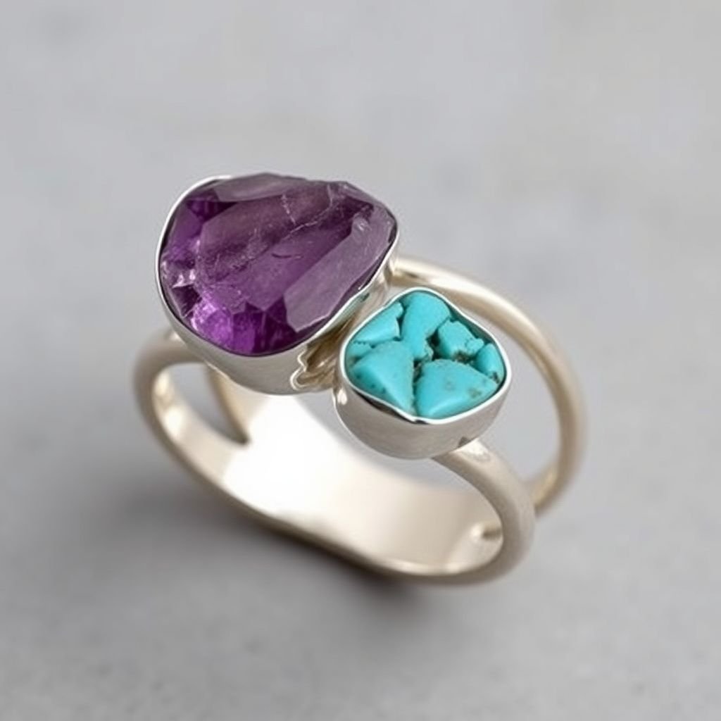 Design silver adjustable ring, use minimum silver, use 2 raw natural gemstones 