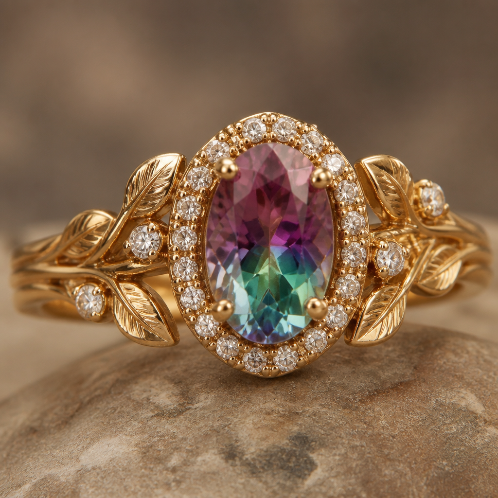 Gold band with leaves holding a multicolored stone/diamind surrounds by mini diamonds.
photorealistic jewelry design, Gold band with leaves holding a multicolored stone/diamind surrounds by mini diamonds. , fantasy style, just the design no text