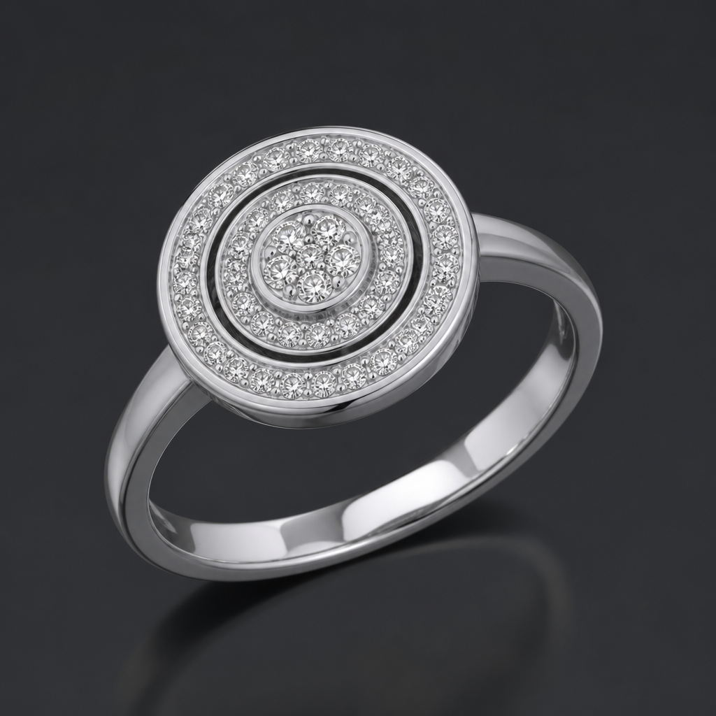 A modern women's ring made of silver with diamond stones. a ring with round layers on top with gems in it
photorealistic jewelry design, A modern women's ring made of silver with diamond stones. a ring with round layers on top with gems in it, modern style, just the design no text