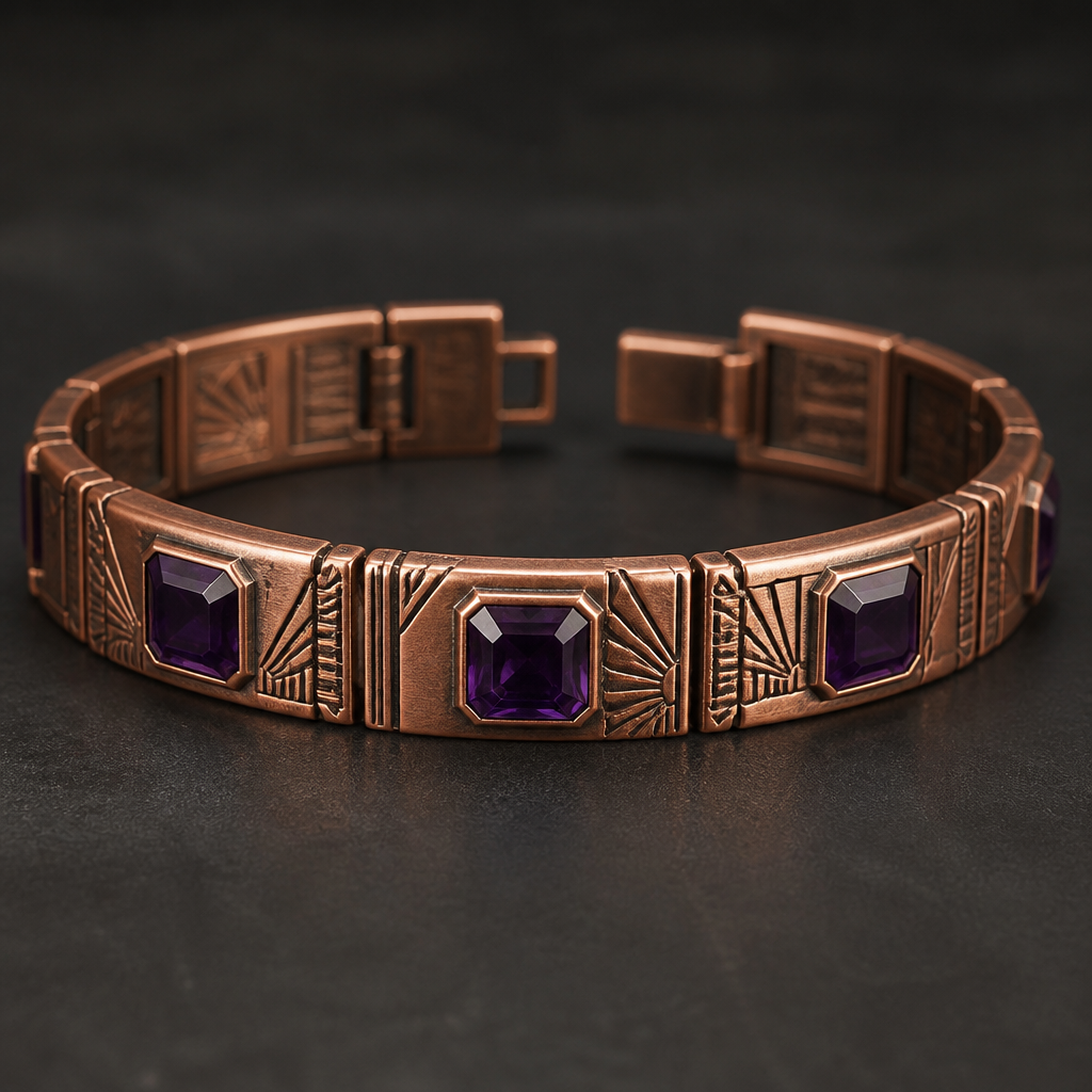 A art deco men's bracelet made of copper with amethyst stones suitable for anniversary
photorealistic jewelry design, A art deco men's bracelet made of copper with amethyst stones suitable for anniversary, art_deco style, just the design no text