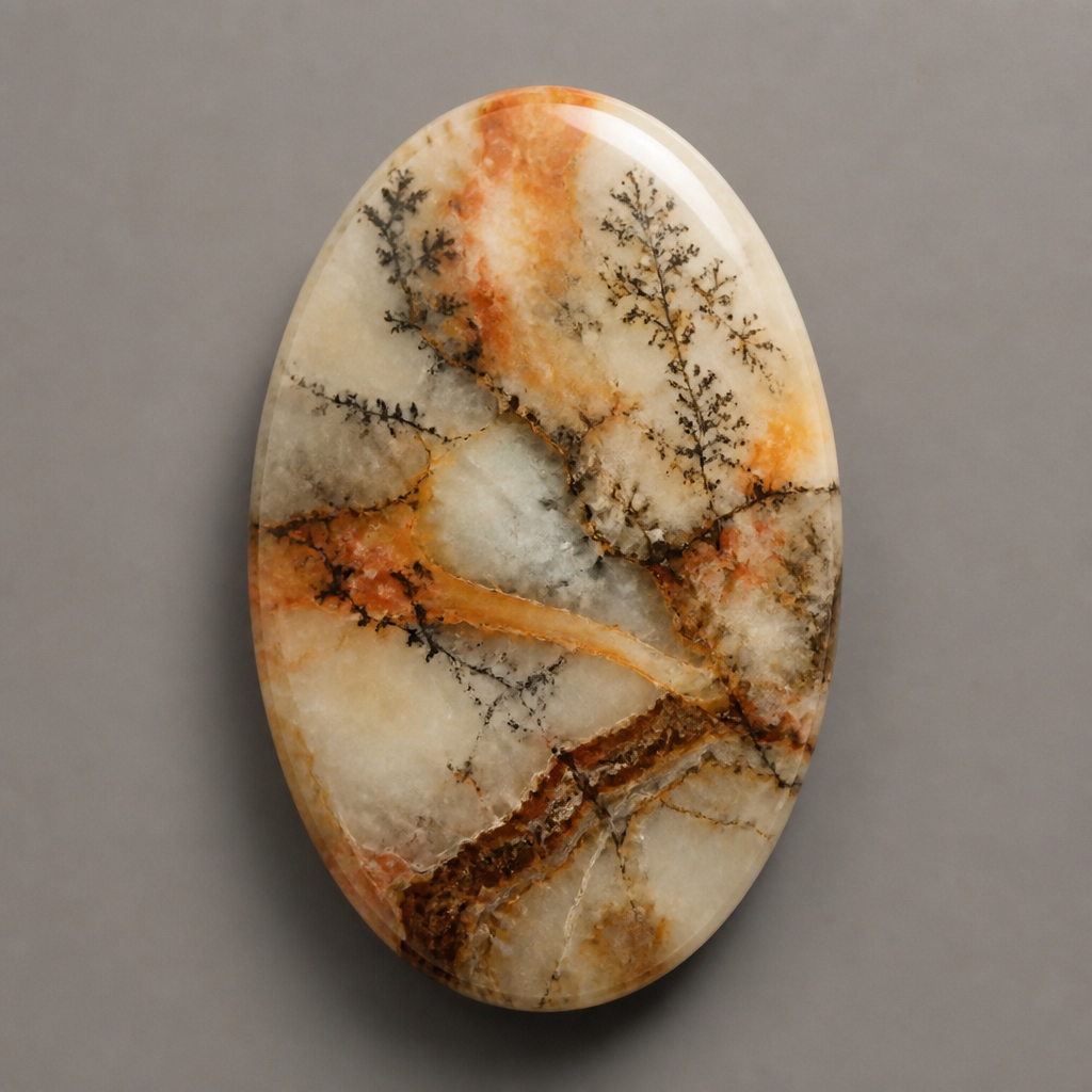 Cream colored with orange and brown and some grey inclusions oval shaped 30mm x 20.5mm
photorealistic jewelry design, Cream colored with orange and brown and some grey inclusions oval shaped 30mm x 20.5mm
, bohemian style, just the design no text