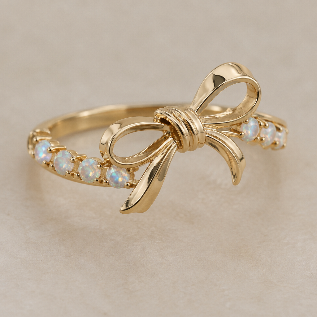 A minimalist women's ring made of gold with opal stones suitable for birthday, highly ornate, intricate and elaborate, richly detailed. ring with the aesthetic ribbon design and the ribbon is tilting to right a bit. the ring goes around the ribbon not under the ribbon. the ribbon is tied like a double knot and the ribbon has two same size loops. the gemstone is place around the ring but not fully and at the ribbon doesn't have a gemstone . gemstone is in small size
photorealistic jewelry design, A minimalist women's ring made of gold with opal stones suitable for birthday, highly ornate, intricate and elaborate, richly detailed. ring with the aesthetic ribbon design and the ribbon is tilting to right a bit. the ring goes around the ribbon not under the ribbon. the ribbon is tied like a double knot and the ribbon has two same size loops. the gemstone is place around the ring but not fully and at the ribbon doesn't have a gemstone . gemstone is in small size, minimalist style, just the design no text