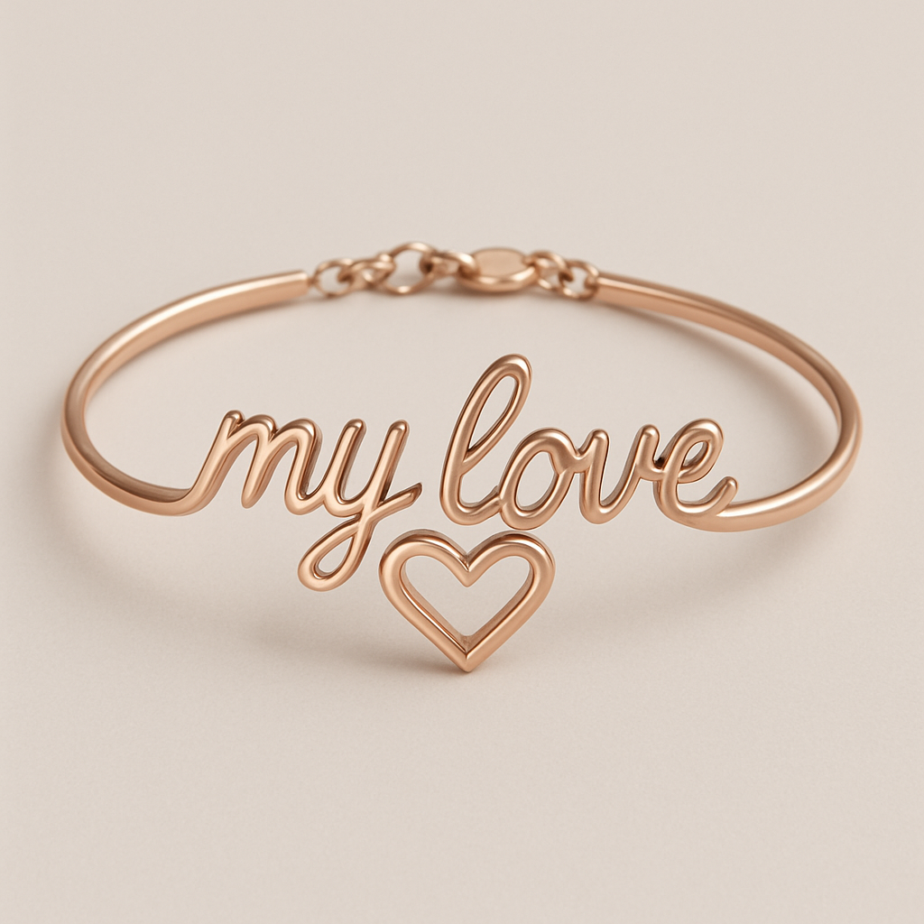 A rose gold bracelet that says “my love” in cursive with a heart shape under it 