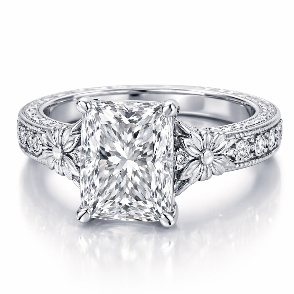 A bespoke/custom women's ring made of platinum with diamond stones suitable for engagement. 4ct radiant cut engagement ring,with flower engraving on side of bands