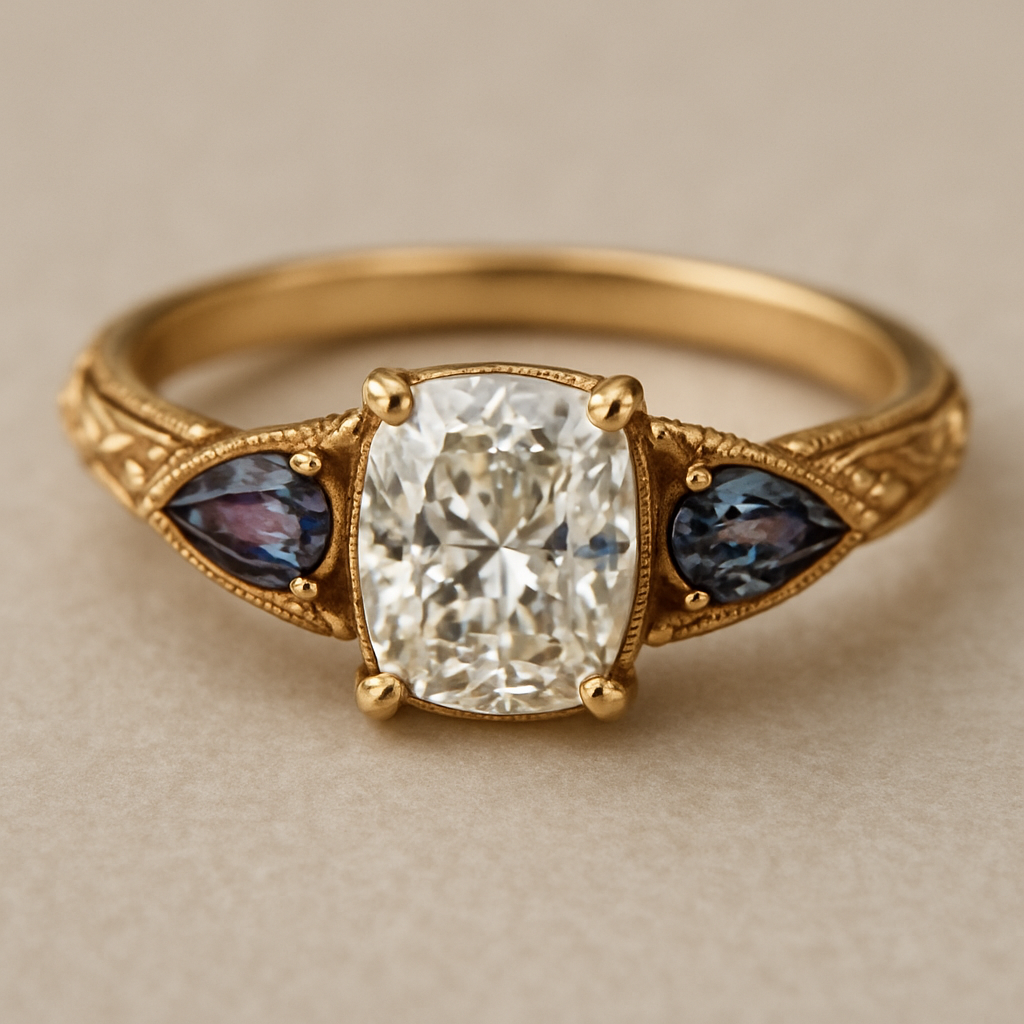 2 carat elongated cushion cut diamond engagement yellow gold ring with marquise shaped alexandrite side stones