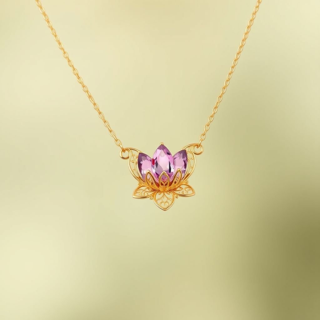 A everyday wear but delicate small gold necklace with a pink pendant color gemstone in a marquise cut. All the details are delicate and they rappresent the petals of the flower lotus.