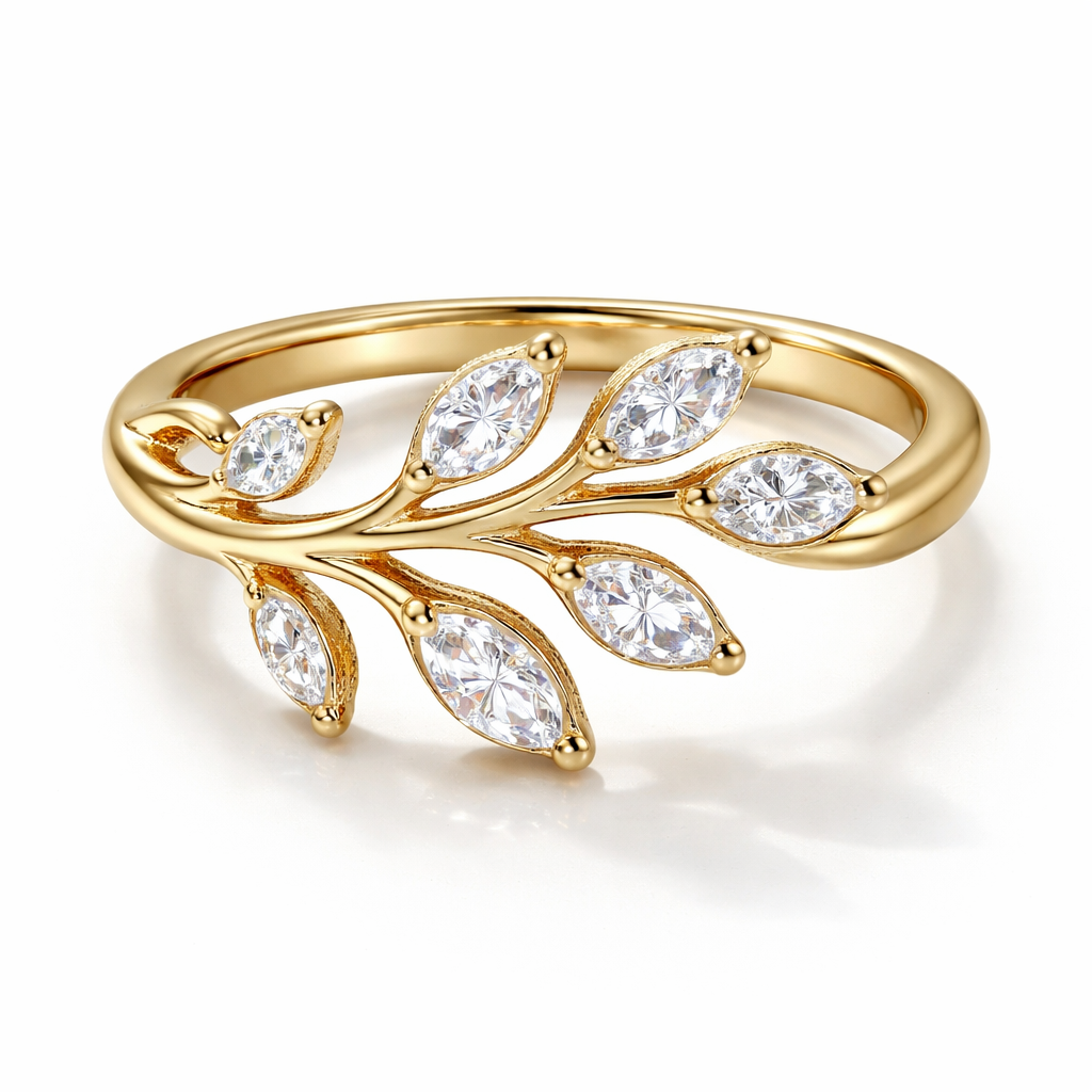 14K yellow gold olive branch ring with white sapphires as leaves