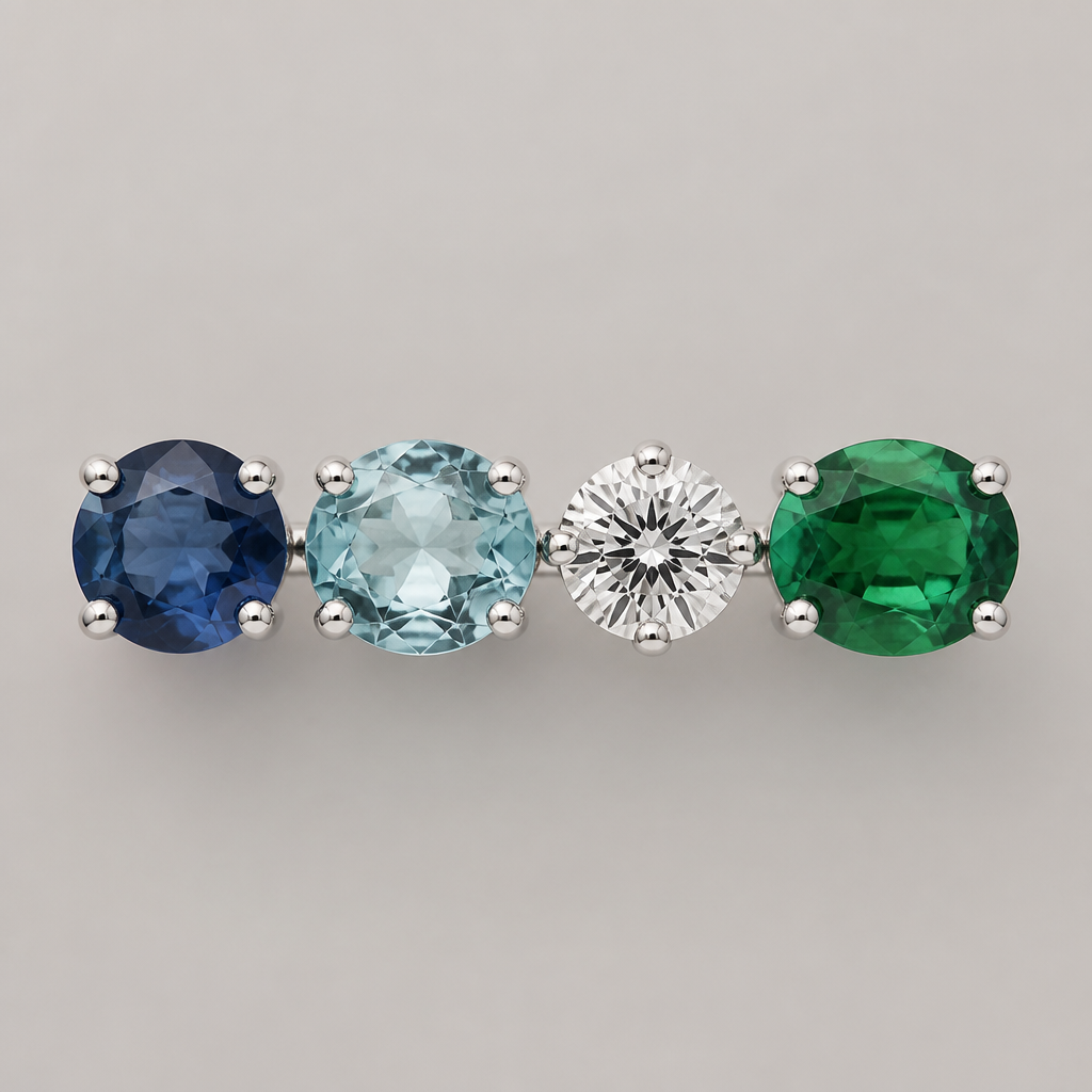 3 oval gems with round gem in middle
photorealistic jewelry design, 3 oval gems with round gem in middle, modern style, just the design no text