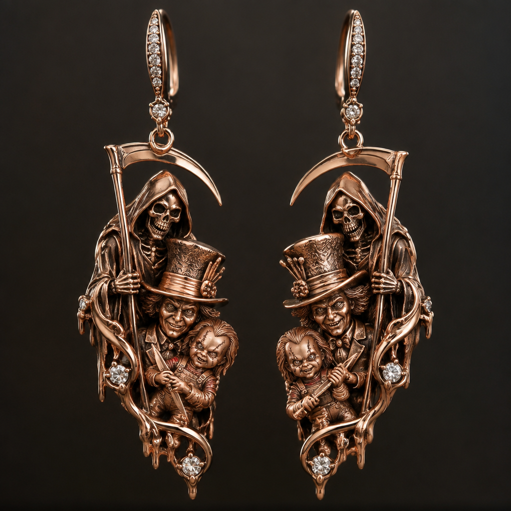 A rustic women's earrings made of rose gold suitable for formal. a reaper with a skeleton with the madhatter with chucky
photorealistic jewelry design, A rustic women's earrings made of rose gold suitable for formal. a reaper with a skeleton with the madhatter with chucky, rustic style, just the design no text