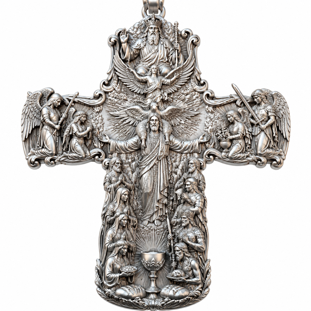 A sculptural women's pendant made of silver suitable for festival. An extraordinary excellent beautiful delicate and elegant, super modern Cross, without stones, without background only the Cross, with Jesus Christ as the Good Shepherd with a beautiful delicate and elegant face, with long hair, with a beautiful delicate elegant and fit body, with His hands wide open to receive all of us, with a beautiful delicate elegant and beautifully ornated tunic, with a beautiful delicate and elegant sheep on His shoulders, with a beautiful delicate and elegant flock of beautiful delicate and elegant sheep backward of Him. Over Jesus Christ and the flock to be placed the Holy Spirit as an Angel with a beautiful delicate and elegant face, with long hair, with big wings flying, with a beautiful delicate elegant and fit body, with a beautiful delicate elegant and beautifully ornated tunic under the Angel to be placed a beautiful delicate and elegant dove flying both of them the Angel and the dove to be surrounded by tongues of fire radiating light to Jesus Christ and the flock. Over the Holy Spirit to be placed God the Father with a beautiful delicate and elegant face, with long hair, with a beautiful delicate elegant and fit body, with a beautiful delicate and elegant tunic, with a beautiful delicate and elegant sceptre at His left hand blessing the world with His right hand, with a beautiful delicate elegant and beautifully ornated crown on His head. At the bottom of the Cross to be placed the Holy Communion with a beautiful delicate elegant and beautifully ornated chalice and two breads around the chalice. At the lower right side of the Cross to be stacked one by one Saint John the Baptist with a beautiful delicate elegant and beautifully ornated platter with his head on it. Over Saint John the Baptist to be placed Saint Constantine with a beautiful delicate and elegant face, with long hair, with a beautiful delicate and elegant crown on his head, with a beautiful delicate elegant and fit body, with a beautiful delicate and elegant armour holding a beautiful delicate elegant and beautifully ornated Cross. Over Saint Constantine to be placed Saint George with a beautiful delicate and elegant face, with long hair, with a beautiful delicate elegant and beautifully ornated helmet with a beautiful delicate elegant and fit body, with a beautiful delicate elegant and beautifully ornated armour, holding a beautiful delicate and elegant sword with his right hand at low position and near the floor giving respect to the Holy Trinity and Praying. Over Saint George to be placed Saint Peter the Apostle Praying. At the left lower side of the Cross to be placed stacked Saint Paraskevi with a beautiful delicate and elegant face, with long hair, with a beautiful delicate elegant and beautifully curved body, with a beautiful delicate elegant and beautifully ornated tunic holding a bowl with two eyes in it. Over Saint Paraskevi to be placed Saint Irene with a beautiful delicate and elegant face, with long hair, with a beautiful delicate elegant and beautifully ornated wreath on her head, with a beautiful delicate elegant and beautifully curved body, with a beautiful delicate elegant and beautifully ornated tunic Praying. Over Saint Irene to be placed Virgo Maria with a beautiful delicate and elegant face, with beautifully ornated long hair, with a beautiful delicate elegant and beautifully curved body, with a beautiful delicate elegant and beautifully ornated tunic Praying. Over Virgo Maria to be placed Saint Paul the Apostle Praying. At the right side of the Cross to be placed Saint Michael the Archangel with a beautiful delicate and elegant face, with long hair, with a beautiful delicate elegant and beautifully ornated helmet, with a beautiful delicate elegant and fit body, with big wings flying, with a beautiful delicate elegant and beautifully ornated armour, holding His beautiful delicate elegant and beautifully ornated sword low to the ground giving respect to the Holy Trinity and Praying. In front of Saint Michael the Archangel to be placed Saint Gabriel the Archangel with a beautiful delicate and elegant face, with long hair, with a beautiful delicate elegant and beautifully ornated helmet on His head, with a beautiful delicate elegant and fit body, with big wings flying, with a beautiful delicate elegant and beautifully ornated armour, holding a beautiful delicate elegant and beautifully ornated bucket of lilyes and Praying. At the left side of the Cross to be placed Saint Rafael the Archangel with a beautiful delicate and elegant face, with long hair, with a beautiful delicate elegant and beautifully ornated helmet, with a beautiful delicate elegant and fit body, with big wings flying, with a beautiful delicate elegant and beautifully ornated armour, holding a beautiful delicate elegant and beautifully ornated sword with his right hand low giving respect to the Holy Trinity and Praying. In front of Saint Rafael the Archangel to be placed the Guardian Angel with a beautiful delicate and elegant face, with long hair, with a beautiful delicate elegant and beautifully ornated with flowers wreath on His head, with a beautiful delicate elegant and fit body, with a beautiful delicate elegant and beautifully ornated tunic Praying. Make all the Angels, the Saints, God the Father, the Holy Spirit and Jesus Christ and the flock as statues.
photorealistic jewelry design, A sculptural women's pendant made of silver suitable for festival. An extraordinary excellent beautiful delicate and elegant, super modern Cross, without stones, without background only the Cross, with Jesus Christ as the Good Shepherd with a beautiful delicate and elegant face, with long hair, with a beautiful delicate elegant and fit body, with His hands wide open to receive all of us, with a beautiful delicate elegant and beautifully ornated tunic, with a beautiful delicate and elegant sheep on His shoulders, with a beautiful delicate and elegant flock of beautiful delicate and elegant sheep backward of Him. Over Jesus Christ and the flock to be placed the Holy Spirit as an Angel with a beautiful delicate and elegant face, with long hair, with big wings flying, with a beautiful delicate elegant and fit body, with a beautiful delicate elegant and beautifully ornated tunic under the Angel to be placed a beautiful delicate and elegant dove flying both of them the Angel and the dove to be surrounded by tongues of fire radiating light to Jesus Christ and the flock. Over the Holy Spirit to be placed God the Father with a beautiful delicate and elegant face, with long hair, with a beautiful delicate elegant and fit body, with a beautiful delicate and elegant tunic, with a beautiful delicate and elegant sceptre at His left hand blessing the world with His right hand, with a beautiful delicate elegant and beautifully ornated crown on His head. At the bottom of the Cross to be placed the Holy Communion with a beautiful delicate elegant and beautifully ornated chalice and two breads around the chalice. At the lower right side of the Cross to be stacked one by one Saint John the Baptist with a beautiful delicate elegant and beautifully ornated platter with his head on it. Over Saint John the Baptist to be placed Saint Constantine with a beautiful delicate and elegant face, with long hair, with a beautiful delicate and elegant crown on his head, with a beautiful delicate elegant and fit body, with a beautiful delicate and elegant armour holding a beautiful delicate elegant and beautifully ornated Cross. Over Saint Constantine to be placed Saint George with a beautiful delicate and elegant face, with long hair, with a beautiful delicate elegant and beautifully ornated helmet with a beautiful delicate elegant and fit body, with a beautiful delicate elegant and beautifully ornated armour, holding a beautiful delicate and elegant sword with his right hand at low position and near the floor giving respect to the Holy Trinity and Praying. Over Saint George to be placed Saint Peter the Apostle Praying. At the left lower side of the Cross to be placed stacked Saint Paraskevi with a beautiful delicate and elegant face, with long hair, with a beautiful delicate elegant and beautifully curved body, with a beautiful delicate elegant and beautifully ornated tunic holding a bowl with two eyes in it. Over Saint Paraskevi to be placed Saint Irene with a beautiful delicate and elegant face, with long hair, with a beautiful delicate elegant and beautifully ornated wreath on her head, with a beautiful delicate elegant and beautifully curved body, with a beautiful delicate elegant and beautifully ornated tunic Praying. Over Saint Irene to be placed Virgo Maria with a beautiful delicate and elegant face, with beautifully ornated long hair, with a beautiful delicate elegant and beautifully curved body, with a beautiful delicate elegant and beautifully ornated tunic Praying. Over Virgo Maria to be placed Saint Paul the Apostle Praying. At the right side of the Cross to be placed Saint Michael the Archangel with a beautiful delicate and elegant face, with long hair, with a beautiful delicate elegant and beautifully ornated helmet, with a beautiful delicate elegant and fit body, with big wings flying, with a beautiful delicate elegant and beautifully ornated armour, holding His beautiful delicate elegant and beautifully ornated sword low to the ground giving respect to the Holy Trinity and Praying. In front of Saint Michael the Archangel to be placed Saint Gabriel the Archangel with a beautiful delicate and elegant face, with long hair, with a beautiful delicate elegant and beautifully ornated helmet on His head, with a beautiful delicate elegant and fit body, with big wings flying, with a beautiful delicate elegant and beautifully ornated armour, holding a beautiful delicate elegant and beautifully ornated bucket of lilyes and Praying. At the left side of the Cross to be placed Saint Rafael the Archangel with a beautiful delicate and elegant face, with long hair, with a beautiful delicate elegant and beautifully ornated helmet, with a beautiful delicate elegant and fit body, with big wings flying, with a beautiful delicate elegant and beautifully ornated armour, holding a beautiful delicate elegant and beautifully ornated sword with his right hand low giving respect to the Holy Trinity and Praying. In front of Saint Rafael the Archangel to be placed the Guardian Angel with a beautiful delicate and elegant face, with long hair, with a beautiful delicate elegant and beautifully ornated with flowers wreath on His head, with a beautiful delicate elegant and fit body, with a beautiful delicate elegant and beautifully ornated tunic Praying. Make all the Angels, the Saints, God the Father, the Holy Spirit and Jesus Christ and the flock as statues., sculptural style, just the design no text
