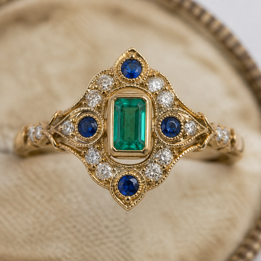 A vintage women's ring with emerald and sapphire and diamond stones suitable for formal, highly ornate, intricate and elaborate, richly detailed. delicado y sencillo
photorealistic jewelry design, A vintage women's ring with emerald and sapphire and diamond stones suitable for formal, highly ornate, intricate and elaborate, richly detailed. delicado y sencillo, vintage style, just the design no text