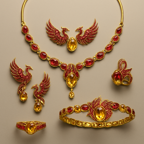A full Ruby jewelry set including bracelet, earrings and rings with at least 10 citrine and topaz inlays with phoenix themes and an omega necklace