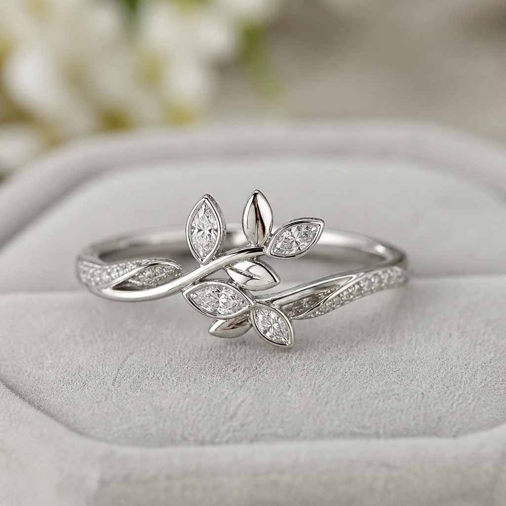 A nature women's ring made of silver with diamond stones suitable for wedding
photorealistic jewelry design, A nature women's ring made of silver with diamond stones suitable for wedding, nature_inspired style, just the design no text